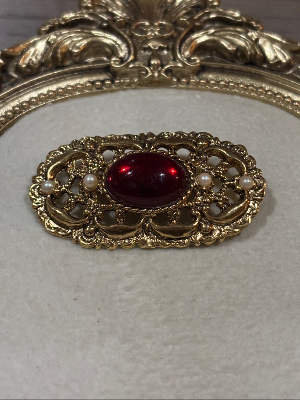 vintage 1928 Gold Filigree Brooch with Red Cabochon and Pearl Accents